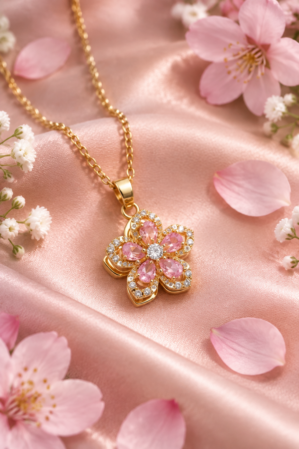 Pink Flower Necklace CZ Crystal