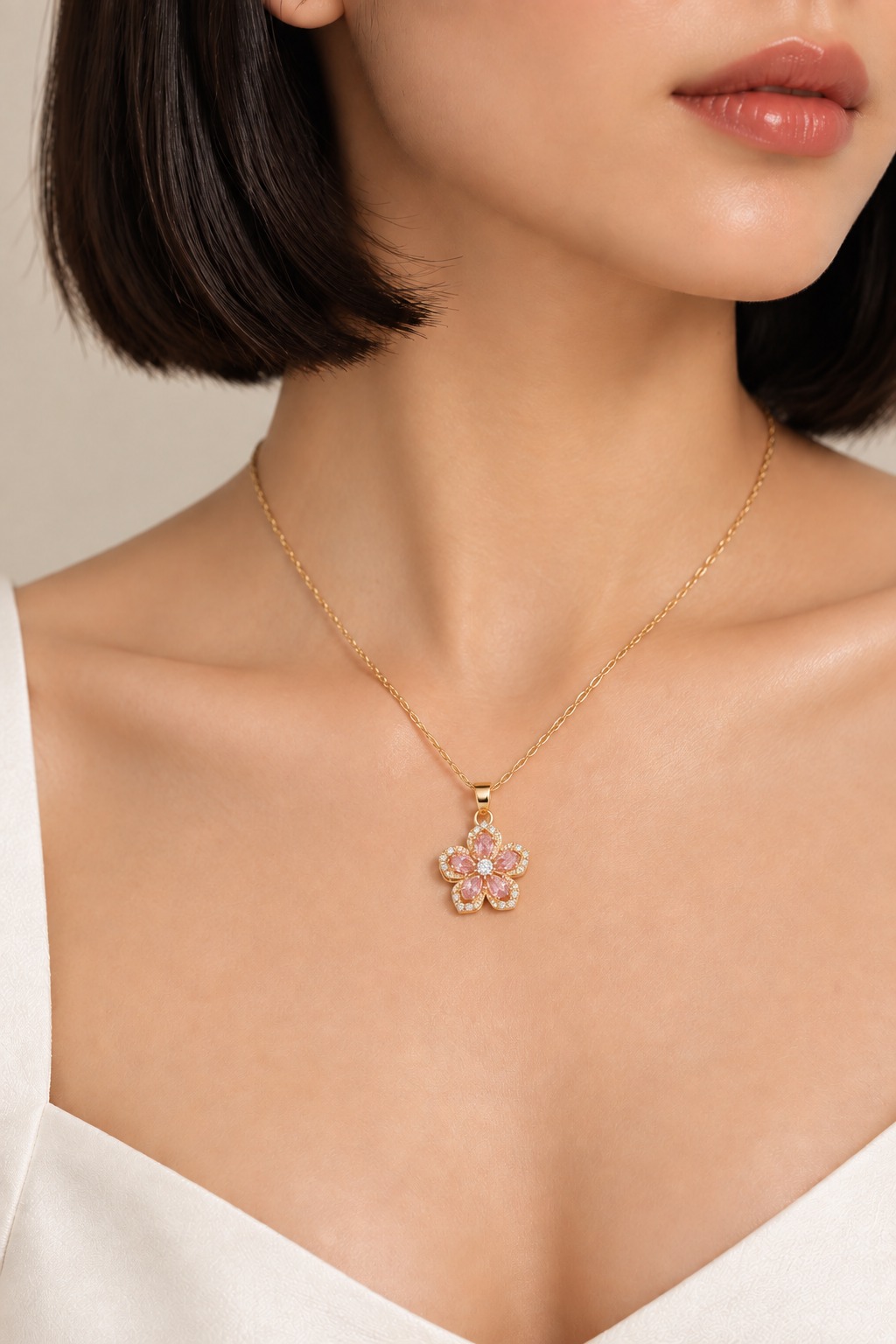 Pink Flower Necklace CZ Crystal