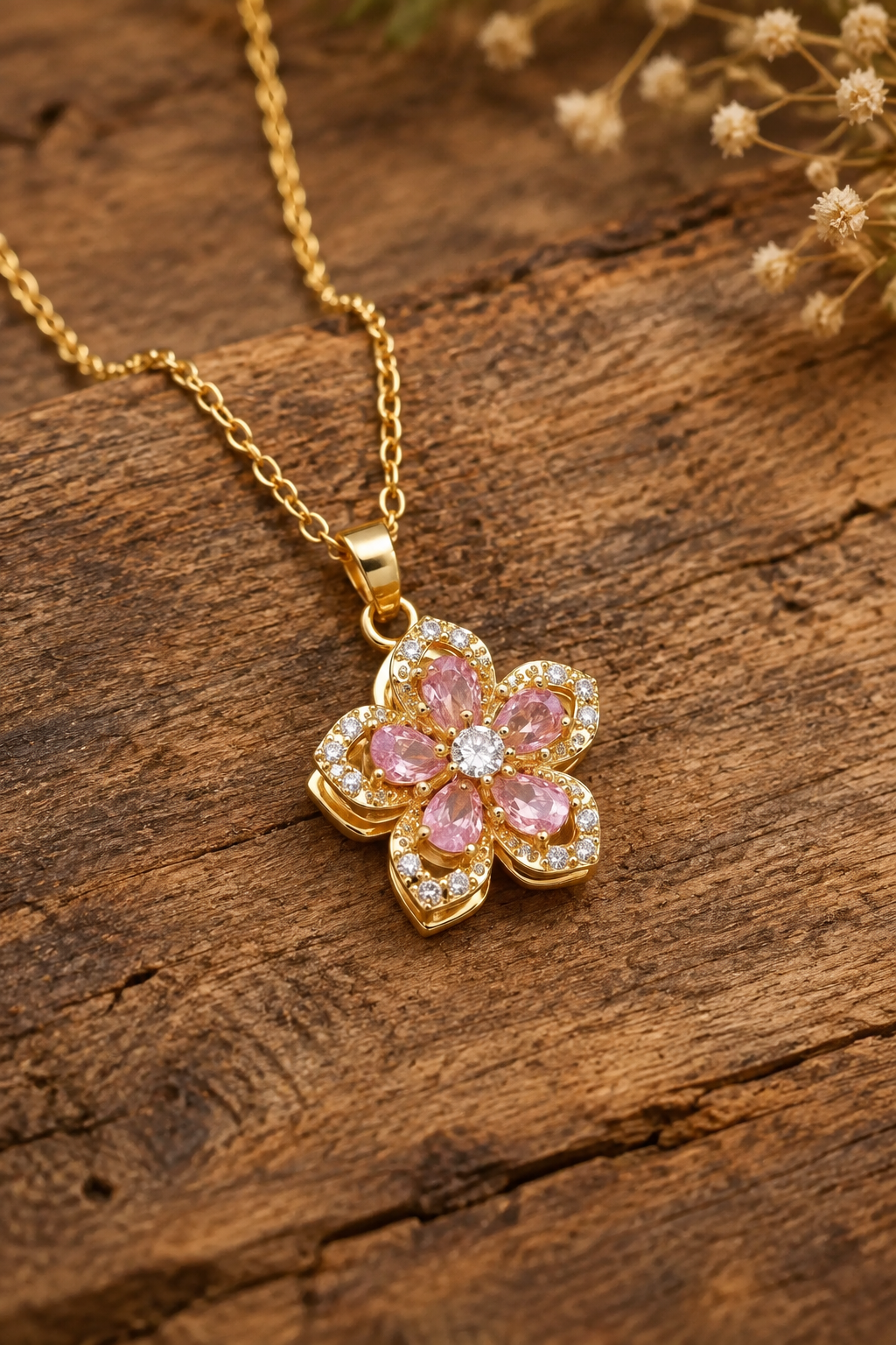 Pink Flower Necklace CZ Crystal